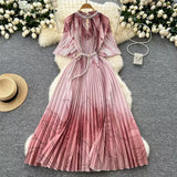 Women's Niche Elegant Dress New Hollow Nail Ball Neck-To-Celing Waist-Print Folding Long