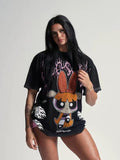 Cartoon Trend Burst Handsome Cartoon Flying Small Police Lady Print Short-Sleeved Summer Couple Dress