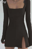 Elegant Square Neck Ribbed Black Dress Female Knitted Side Split Bodycon Dress Long Sleeve Fashion Mini Dresses