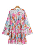 Women's V-Neck Printing Long-Sleeved Loose Dress