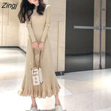 Sleeve Dress Women Slender O-neck Autumn Winter Elegant Chic Solid Midi 5-color All-match Knitted Fashion Ulzzang