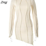 Asymmetrical Slim Mini Dress Women Solid O-Neck Flare Long Sleeve Casual Patchwork Wrap Dress Spring New