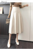 Autumn Winter Women's Skirts Pu Leather Half-length Skirthigh-waist Mid-length A-line Skirt Elegant Splicing Women