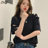 Women Sexy Ladies Tops Hole Harajuku Fashion Loose Summer Ins Korean Style Preppy Vintage Solid Elegant Chic Simple
