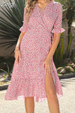 Sleeve Boho Dress Summer Women Floral Printed Holiday Beach Dress V-Neck Elegant Lace-up Split Midi Sundress
