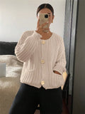 Round-Necked Woman Design Sense Three-Plocked Pocket Long Sleeve Sweater French Cardigan