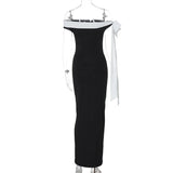 Black Ribbon Off-shoulder Maxi Dress- Outfit