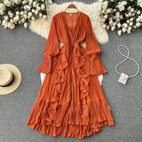 Zingj Sexy Solid Color V-Neck Pleated Flounce Flared Sleeve To The