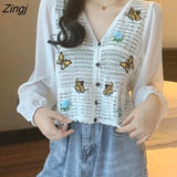 Women Print Casual Simple Hollow Out Teens Square Collar Daily Vintage Harajuku Crop Chic Comfortable College Loose
