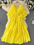 Women Pleated Chiffon Dress Sexy V-Neck Puff Sleeve High Waist Draped Vestidos Female Vacation Beach Midi Robe