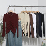 Real Shooting Explosion Long-Sleeved T-Shirt Girl Autumn Folded Waist-Bottomed Shirt V-Neck Ribbon Open Fork Short Top