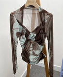 Tie-Dye-Print Long Sleeve Bottom Sexy Hottie V-Neck T-Shirt Folded Slimming Mesh Yarn Top