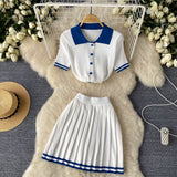 Zingj Collar Short-Sleeved Shirt Top High Waist Shows Thin Pleated Skirt Two Sets Of