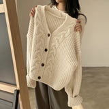Solid V Neck Puff Sleeve Cable Knit CardiganOutfit