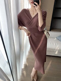 Sleeve V-Neck Sweater Sexy Backless Knitted Midi Dress Women Elegant Female Slim Evening Party Prom Clothes Autumn