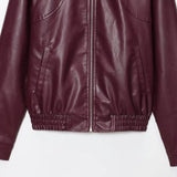 New Vintage Simple Collar Zipper Wine Red Leather Coat