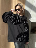 Lace Decoration Design Feeling Against The Color Of The Collar Long Sleeve Leisurely Loose Plus Velvet Top