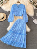 Lace Two Piece Set Vintage V-Neck Puff Long Sleeve Short Blouse + High Waist A-Line Ruffle Skirt Female