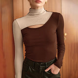 New Women's Clothing Autumn And Winter Half-High Collar Hollow Empty Waist Bottom Top