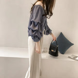 New Korean Version Of Temperament Word-Collar Shoulder Chiffon Shirt Women Loose Bubble Tops Thin Solid Color Bottom