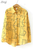 2023 Vintage Fashion Women Long Sleeve Shirts Cute Cat Print Shirt Female Loose Casual Blosues Girl Ladies Tops 6828