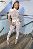 Women 2Pcs Clubwear Outfits Sets Short Sleeve High Neck Zipper Bodysuits Tops Lace Floral See Through Pencil