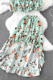 Bohemian Floral Printed Sets Women Sexy Slash Neck Short Tops + High Waist Ruffle Irregular Skirt Suit Female New