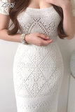 Puff Sleeve Summer Hollow Out Knitting Dress Women Wrapping Korean Ladies Dresses Woman New Long Fishtail