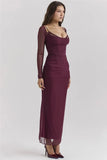 Burgundy Sheer Long Sleeve Bodycon Maxi Dress- Outfit
