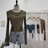 Spice Girls Design Sense Net纱 Stitched With Denim Blouse Long-Sleeved Bottom Shirts To Dress Short Niche T-Shirt