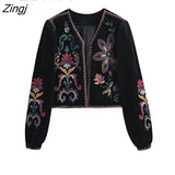 Women Vintage Flower Embroidery National Style Short Coat Ladies Retro Open Stitching Casual Velvet Jacket Tops