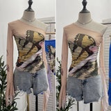 Design-Sensitive One-Shoulder Horn Long-Sleeved Mesh Yarn-Print T-Shirt With Short Tight Top