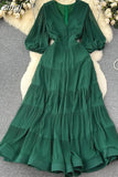 Vintage Women Pleated Long Dress Elegant V-Neck Puff Short Sleeve High Waist A-Line Ruffle Draped Big Swing Maxi Robe