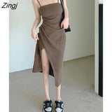 Girls Slim Dresses Women Spaghetti Strap Young Hot Ladies Irregular Midi Summer Temperament Fashion Simple Asymmetrical