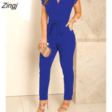 Women's One Piece Suit Long Pants V-neck Flying Sleeve Pleated Jumpsuit With Belt Summer Casual Romper Loungewear Sexy