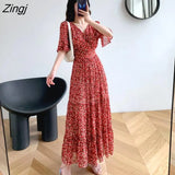 Women Sexy V-neck Ankle-length Red Floral Elegant Flare Sleeve Chiffon Clothing Holiday Ruffles Abdomen Lady Trendy