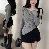 Sales Of 100,000] Gray Wave Point Oblique Shoulder Long-Sleeved T-Shirt Girl 2025 Spring New Folded Sweet Spicy Little