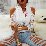 Hollow Out Printed Blouses V-Neck Short Sleeve Lace Shirts Summer Female Strapless Blouse Women Casual Tops Elegant
