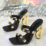 Gold 8 Words And Alien Heel And Rivet Explosion High Heel Sandals Temperament