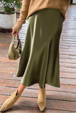 Midi Maxi Long High Waist Satin Skirt Women Elegant Silk A-Line Solid Vintage Ol Ladies Summer Skirts