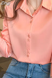 Women's Silk Shirts V-neck Solid Laides Tops Womens 2023 Spring Fashion Satin Long Sleeve Blouses Button Up White OL Vintage