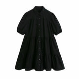 New Lapel Button Solid Color Wide Pendulum Cotton Dress