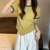 Zingj Female 2024 New Summer Design Sense Contrast Color T-Shirt Fashion Chic Irregular Short Student