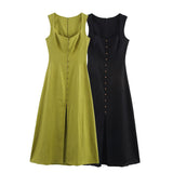 New Linen Solid Color Sleeveless Collar Fan Flute Dress