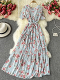 Bohemian Vacation Chiffon Long Dress Women Black/Blue/Pink/Beige Pleated Vestidos Female Ruffle Robe 2023 New