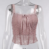 Lace Tank Top Women Sleeveless Sexy Lady Elegant Cropped Shirts Lace Sleeve Front Lace Hollow up Women Top