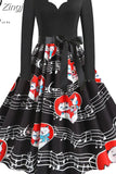 Women Long Sleeve Winter Vintage Dresses Sexy Black Music Note Print V-neck Rockabilly Pin up Party Dress Vestidos Plus