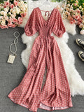 Sexy Polka Dot Romper Women Elegant V-Neck Puff Short Sleeve High Waist Jumpsuit Female Loose Wide Leg Playsuits