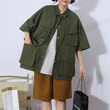 Zingj Cityboy Solid Color Multi-Pocket Overalls Short-Sleeved Shirt Men And Women Loose Retro Function Shirt