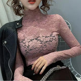 Zingj Color Lace Bottom Shirt Female Spring Versatile Half Turtleneck Small Shirt Jacket Hollow Out Sexy With Long Sleeve Bottom